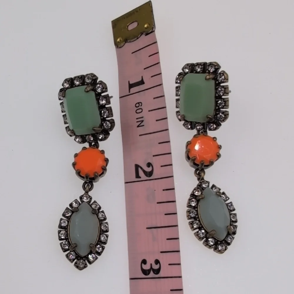 J. Crew Stone Drop Dangle Earrings - Green, Orange & Gray Rhinestone